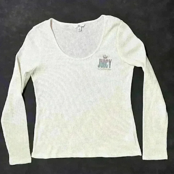 Y2K Juicy Couture Womens Logo Waffle Scoop Neck Long Sleeve Top Size Medium - Picture 1 of 9